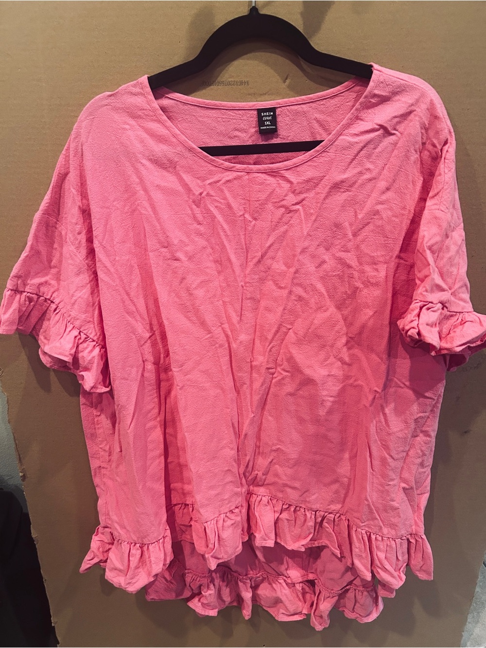SHEIN Pink Ruffle-Hem Short Sleeve Blouse